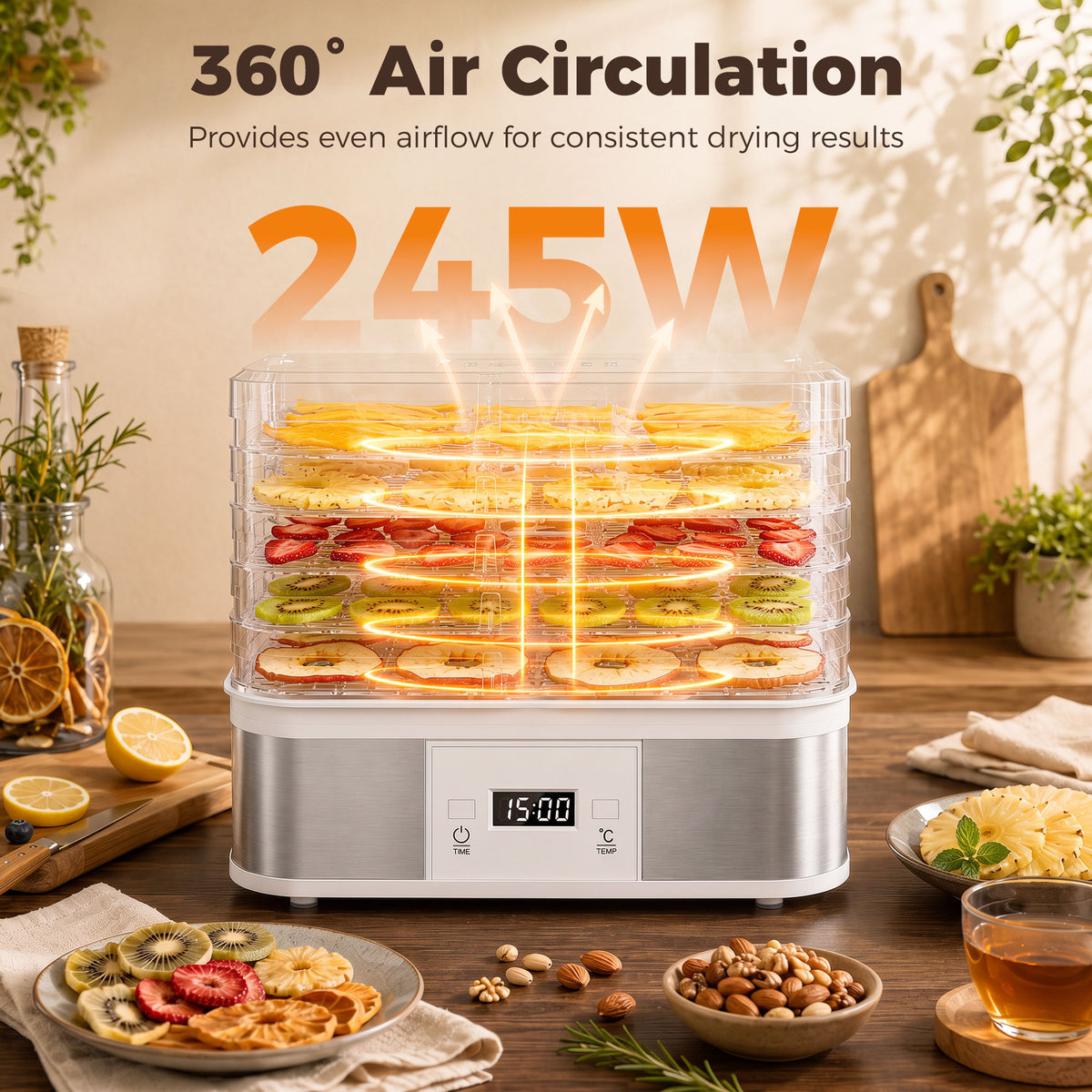 HOMCOM dehydrator drying fruit on five trays with circulating airflow