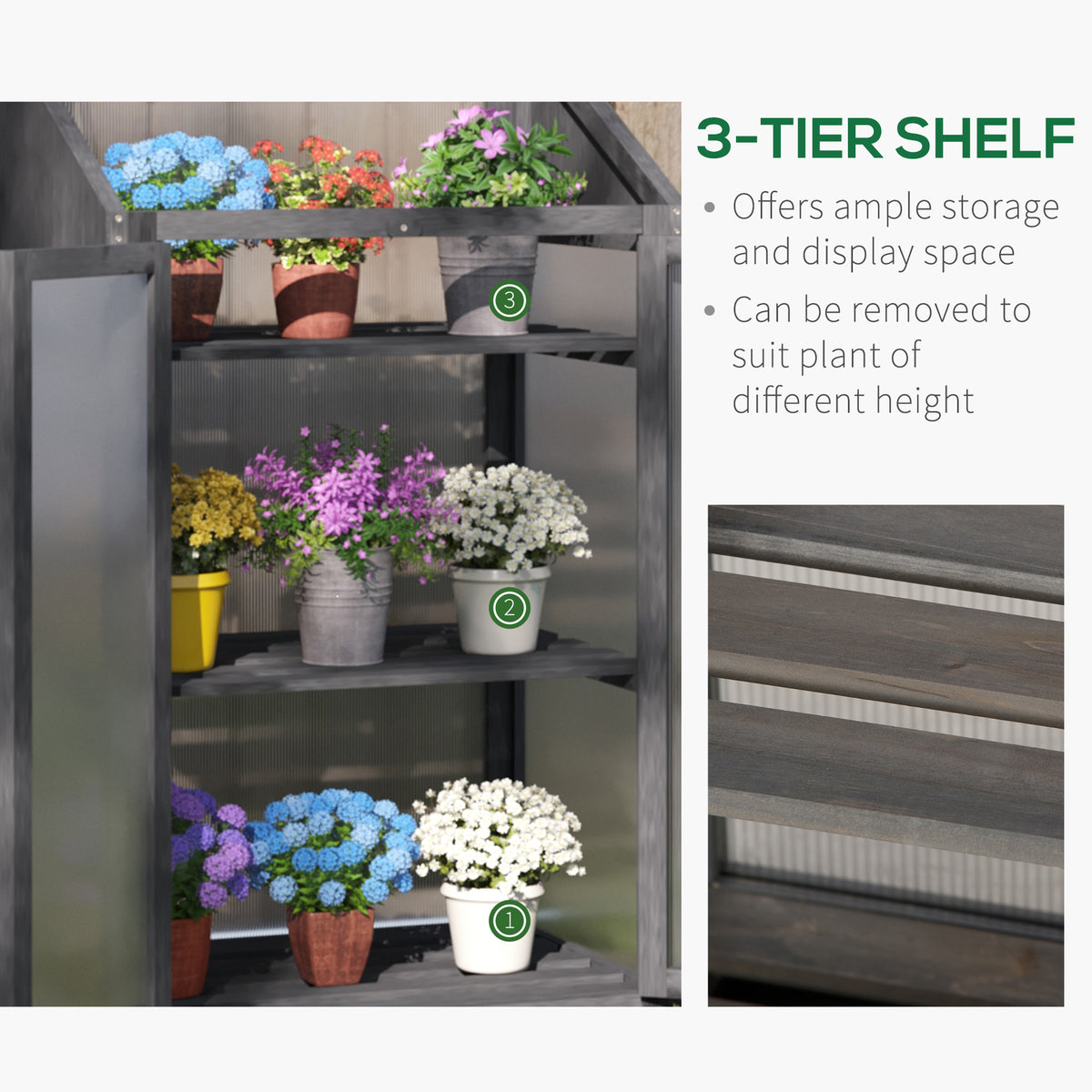 Inside the greenhouse, three removable wooden shelves hold potted flowers