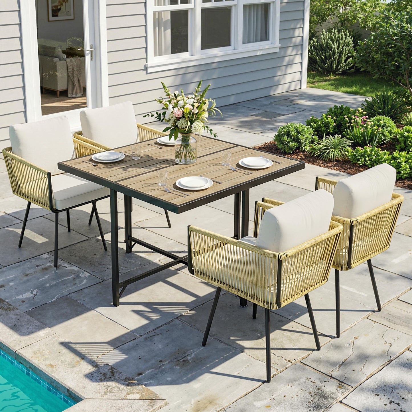 Outsunny 5 Piece Garden Furniture Set, Garden Dining Set with Wood-Plastic Table and 4 Armchairs, Beige