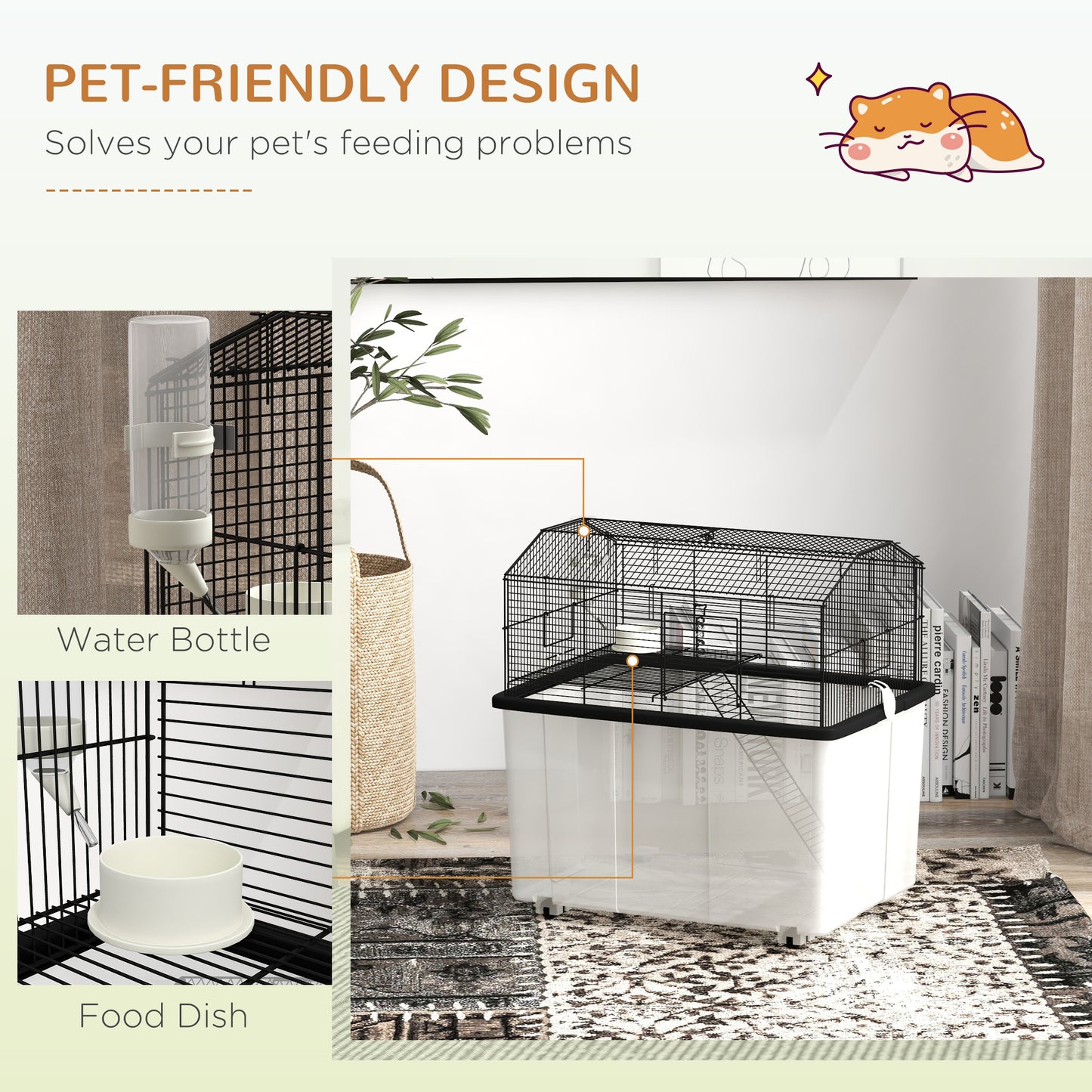 PawHut Two-Tier Gerbil Cage, Hamster Cage for Dwarf Hamster w/ Wheels, Deep Bottom, Food Dish, Water Bottle