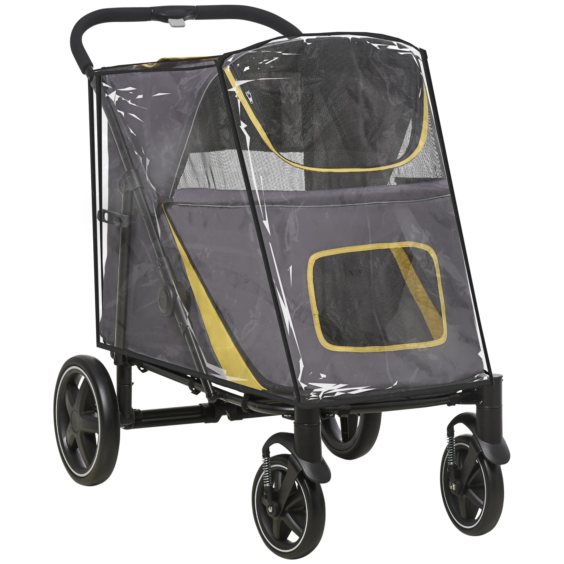 Photo of PawHut One-Click Foldable Pet Travel Stroller with Rain Cover, Cat Dog Pushchair with Universal Front Wheels, Shock Absorber, Storage Bags, Mesh Window, Safety Leash for Large and Medium Dogs (Grey) in (Grey) colour on a white background