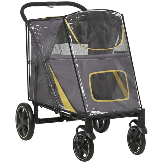 Photo of PawHut One-Click Foldable Pet Travel Stroller with Rain Cover, Cat Dog Pushchair with Universal Front Wheels, Shock Absorber, Storage Bags, Mesh Window, Safety Leash for Large and Medium Dogs (Grey) in (Grey) colour on a white background