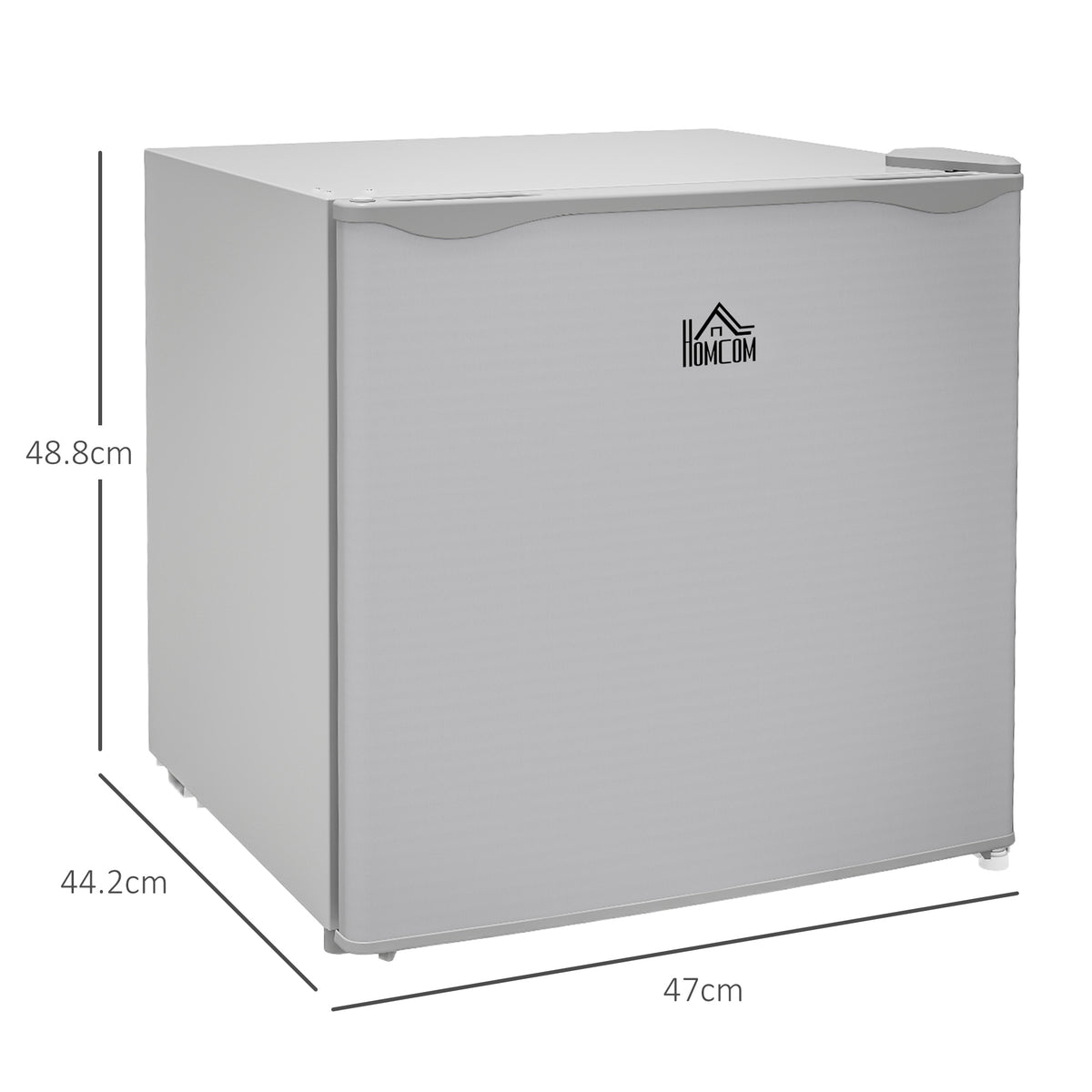 HOMCOM grey mini freezer, shown with dimensions of 47 × 44.2 × 48.8 cm