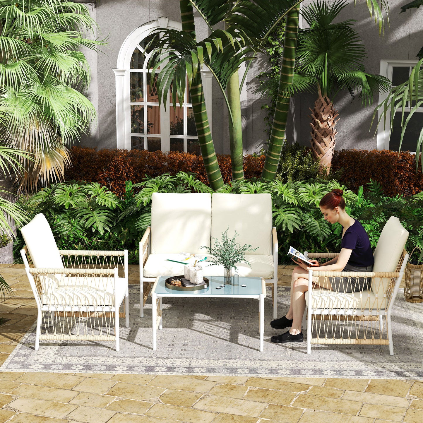 Outsunny 4 Piece Rattan Garden Furniture Set, 4 Seater Wicker Patio Conversation Set with 2 Armchairs, Loveseat, Glass Top Coffee Table and Cushions for Outdoor, Balcony, Khaki