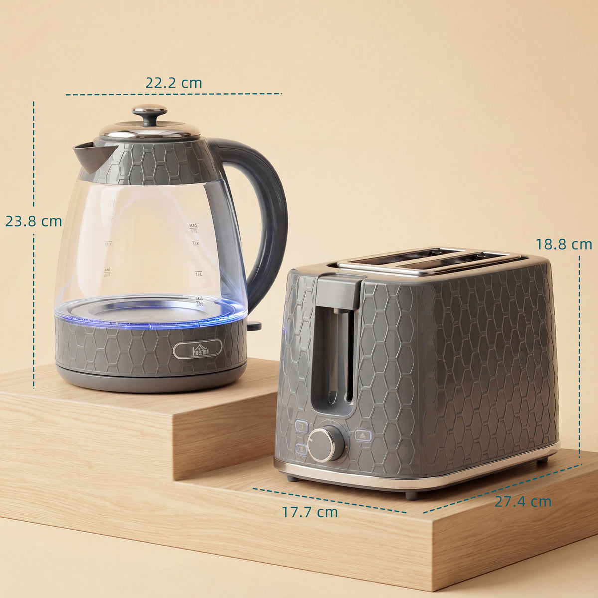 HOMCOM Kettle and Toaster Set, 1.7L 3000W Rapid Kettle with Limescale Filter, 2 Slice Toaster with 7 Browning Controls, Grey