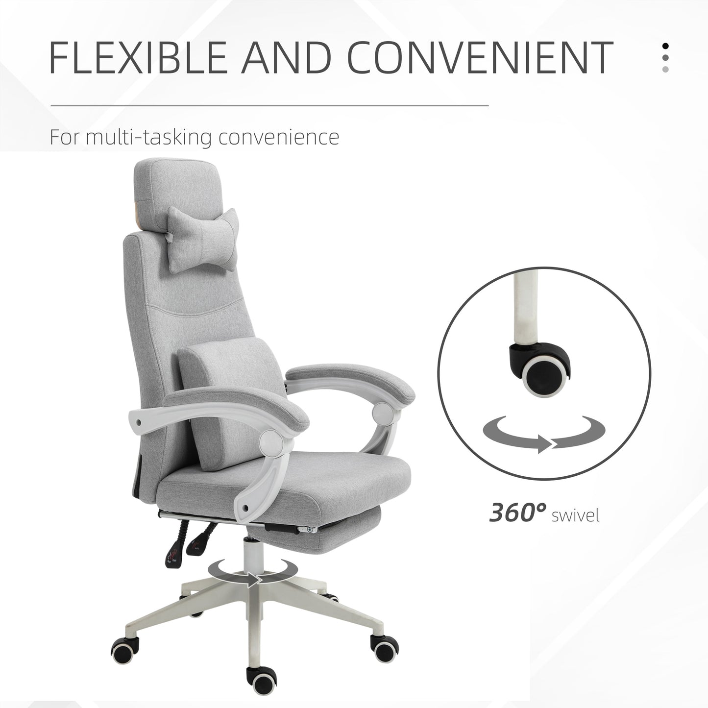 Vinsetto Office Chair, High Back Fabric Work Chair with 160° Reclining Backrest, Retractable Footrest, Neck and Lumbar Pillow, Light Grey