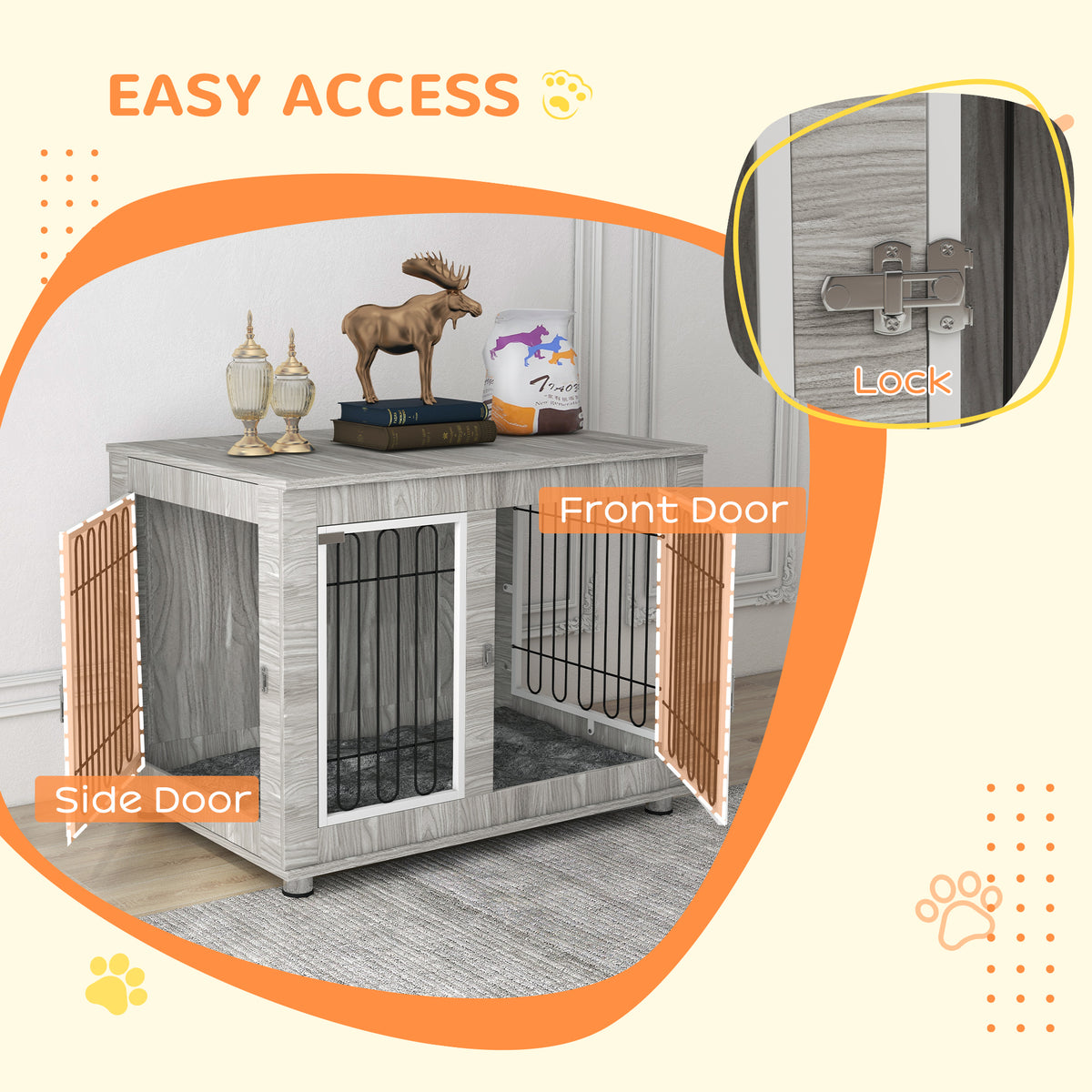 PawHut Dog Crate Furniture, Dog Cage End Table. with Soft Cushion, Double Door, for Large Dogs, Grey
