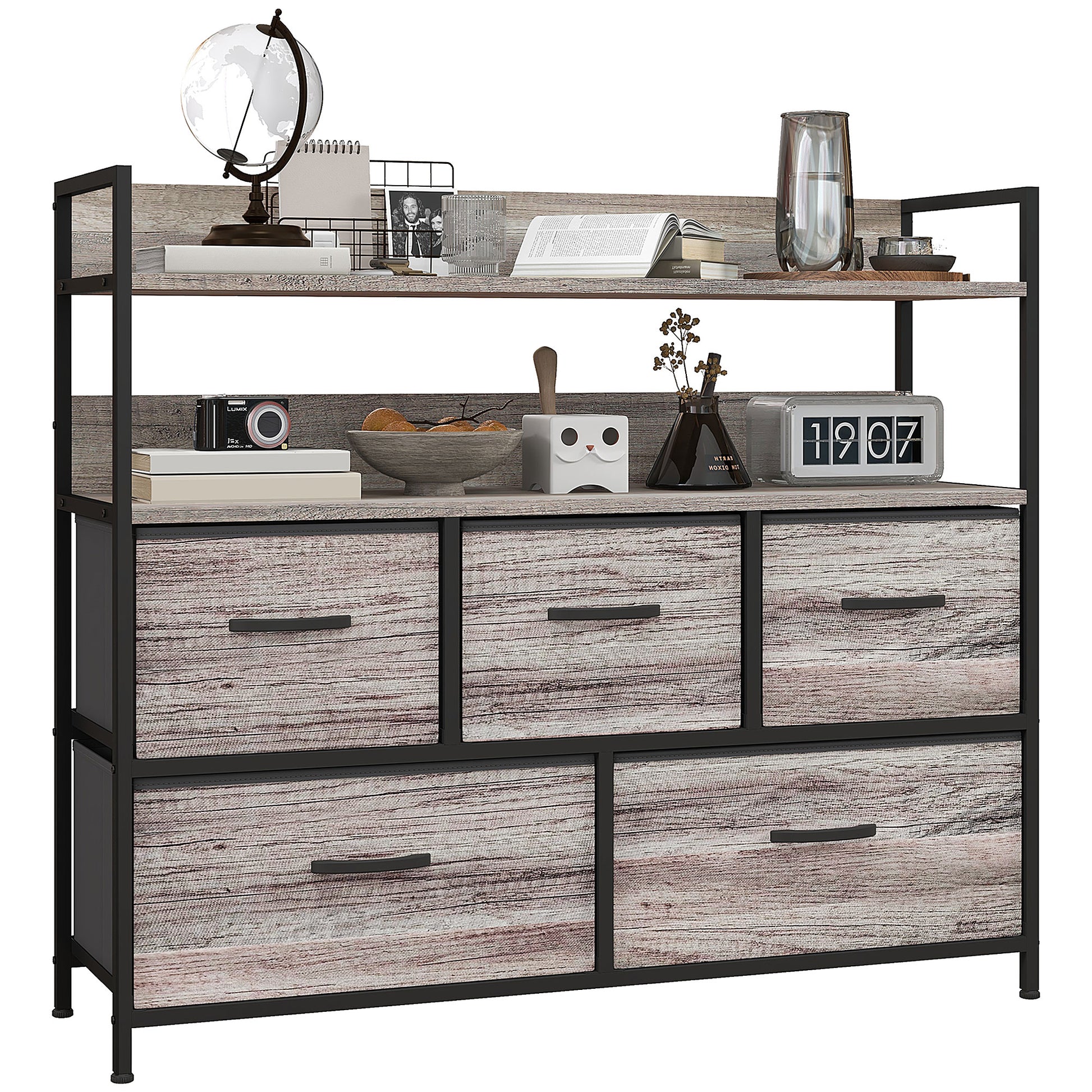 Photo of HOMCOM Rustic Chest of Five Fabric Drawers - Grey Wood Effect in Effect colour on a white background