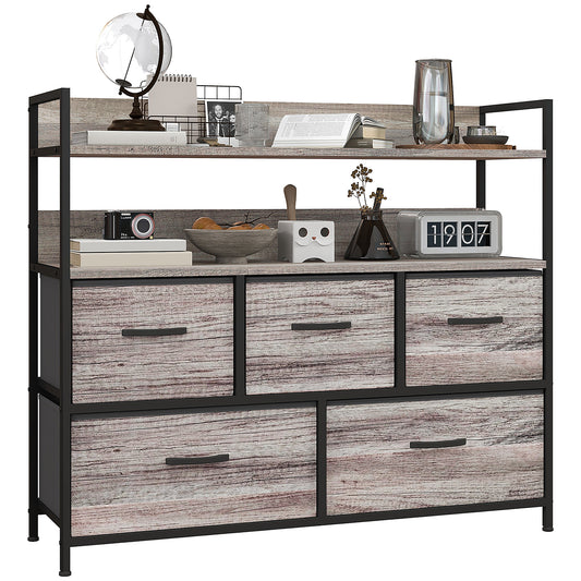 Photo of HOMCOM Rustic Chest of Five Fabric Drawers - Grey Wood Effect in Effect colour on a white background