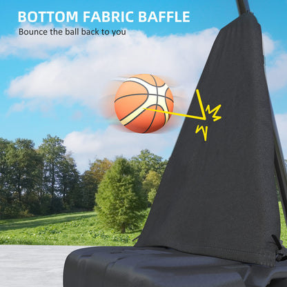Basketball hoop with a black fabric ball-return baffle above the base