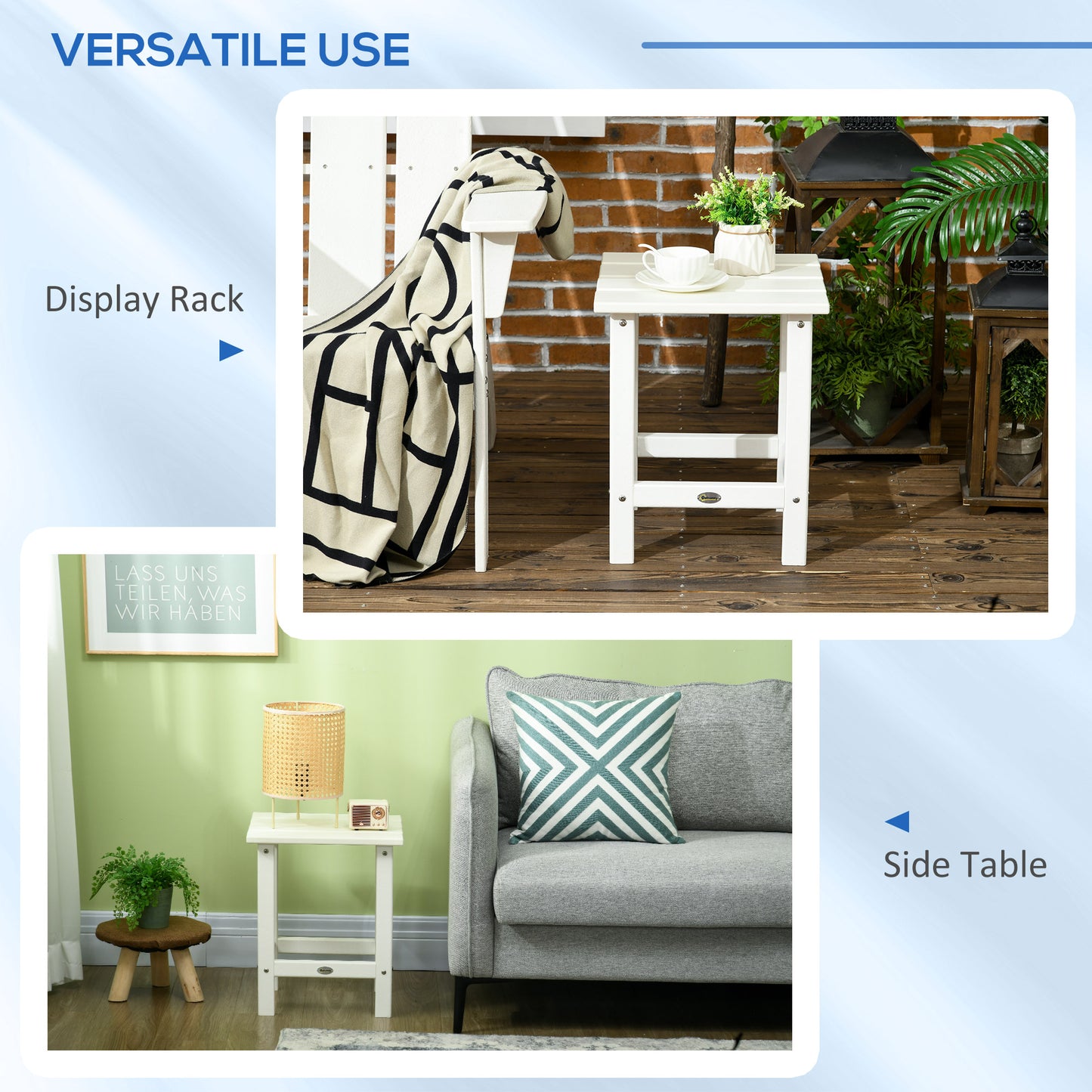 Outsunny Square Coffee Table, HDPE Tabletop and Frame for Porch, Garden, Side Table, 38 x 38 x 46 cm, White