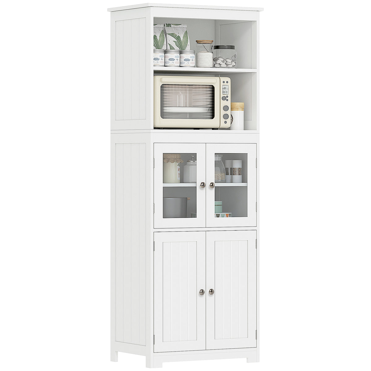 White storage cupboard with open top shelves, glass cabinet doors, and paneled lower doors.