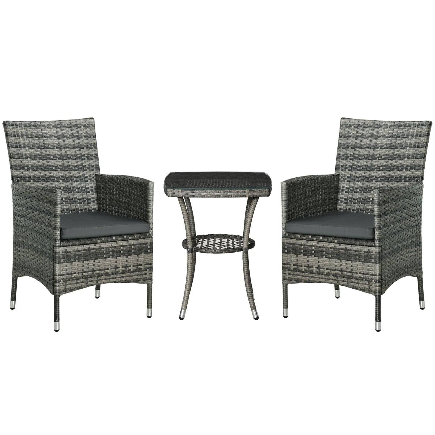 Photo of Outsunny 3 Pieces Rattan Bistro Set, Wicker Garden Furniture Set with 2-Tier Coffee Table and Chairs, Washable Cushions, for Outdoor Patio Balcony, Mixed Grey in Grey colour on a white background