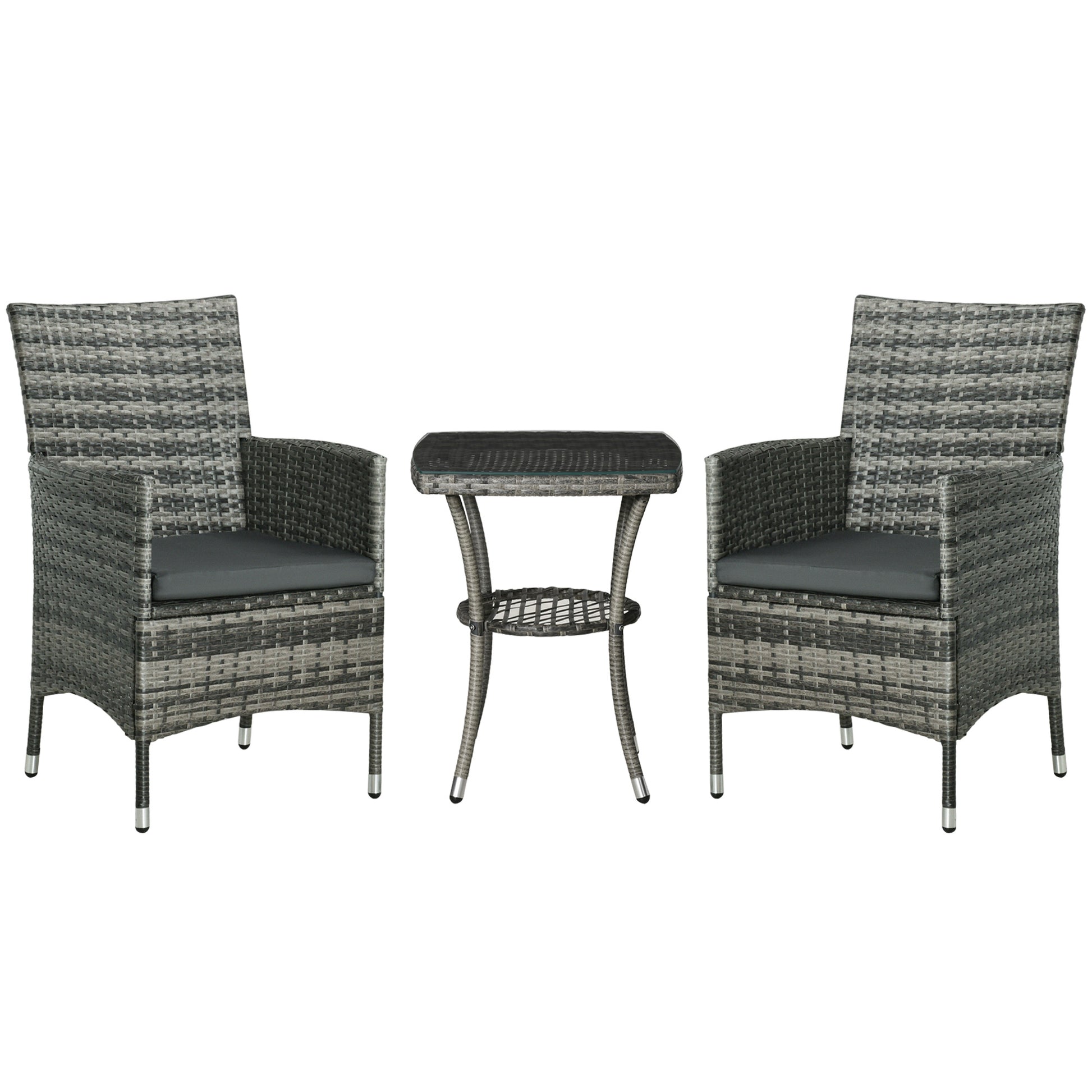 Photo of Outsunny 3 Pieces Rattan Bistro Set, Wicker Garden Furniture Set with 2-Tier Coffee Table and Chairs, Washable Cushions, for Outdoor Patio Balcony, Mixed Grey in Grey colour on a white background