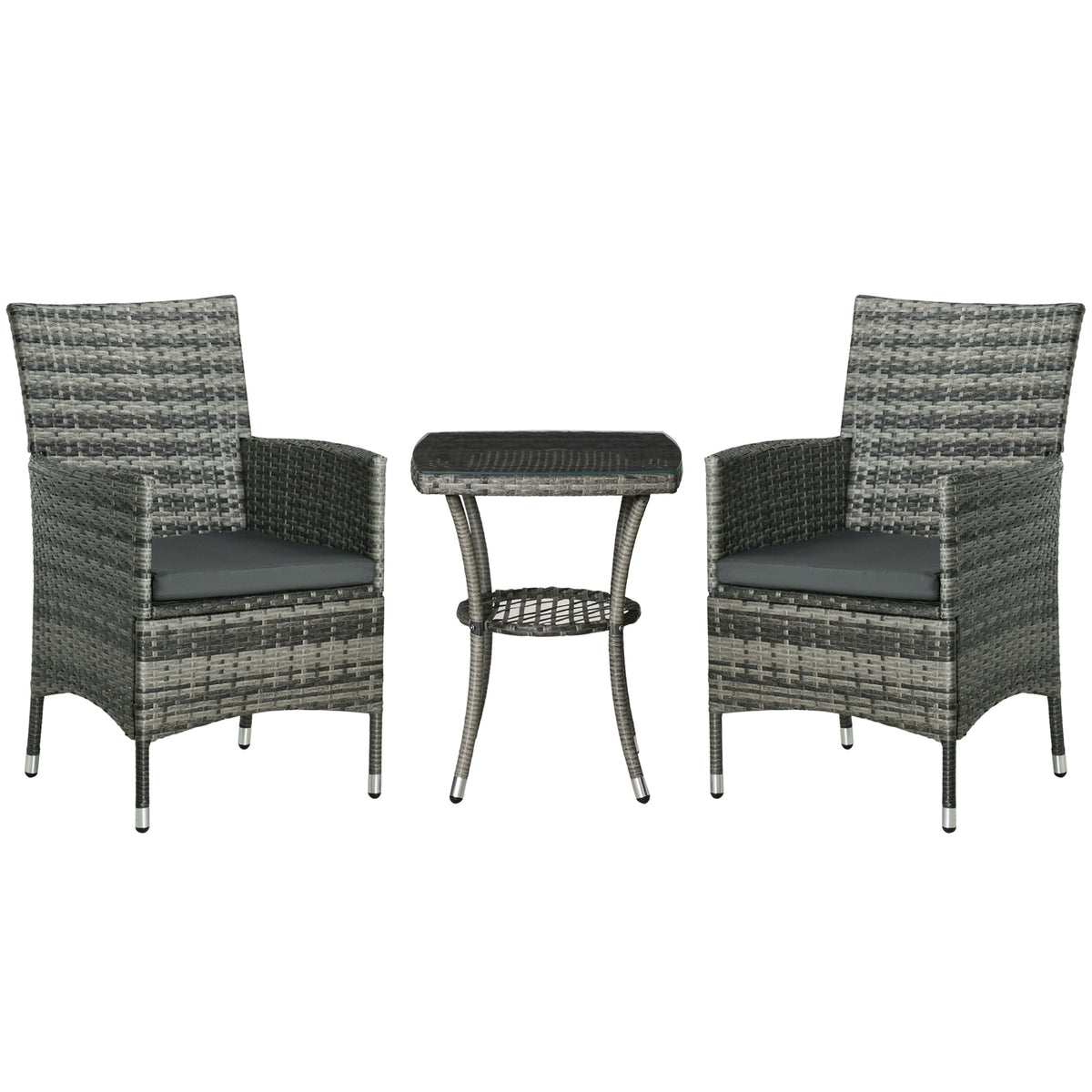 Photo of Outsunny 3 Pieces Rattan Bistro Set, Wicker Garden Furniture Set with 2-Tier Coffee Table and Chairs, Washable Cushions, for Outdoor Patio Balcony, Mixed Grey in Grey colour on a white background