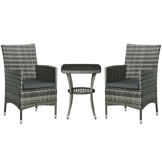 Photo of Outsunny 3 Pieces Rattan Bistro Set, Wicker Garden Furniture Set with 2-Tier Coffee Table and Chairs, Washable Cushions, for Outdoor Patio Balcony, Mixed Grey in Grey colour on a white background