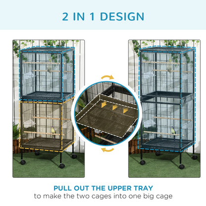 Two-section black bird cage shown stacked and converted into one tall cage by removing the upper tray.