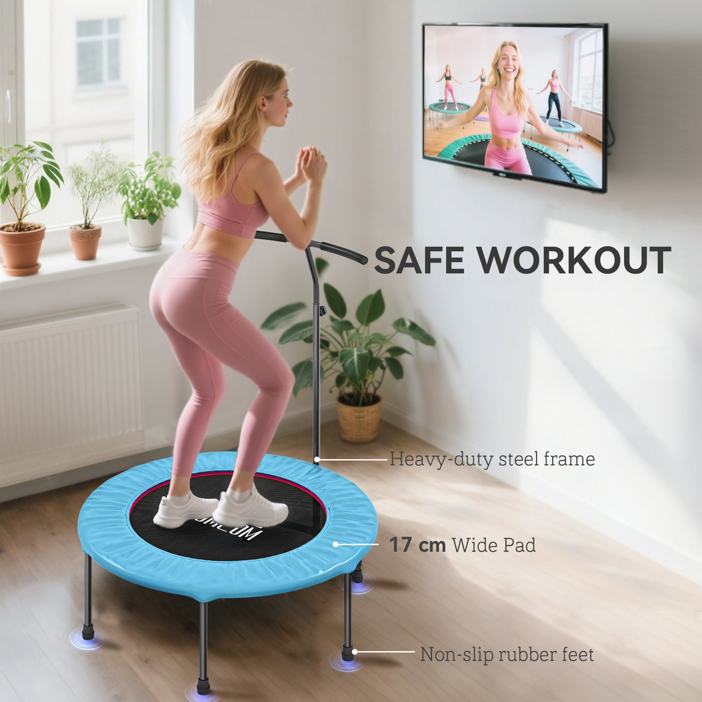 HOMCOM 40" Fitness Trampoline with Adjustable Handle, Rebounder Trampoline, Mini Jumper for Indoor Exercise Workout, Blue