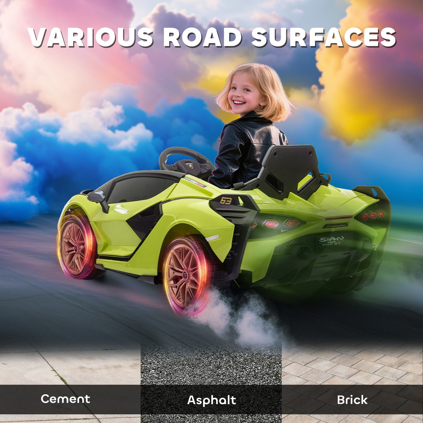 HOMCOM Lamborghini Sian Licensed 12V Electric Car for Kids 2 Motors Toy Car with Remote Control Music Lights MP3 for 3-5 Years Green