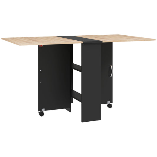 Photo of HOMCOM 80-140 cm Folding Dining Table for 4-6 People, Drop Leaf Table with 2-Tier Shelves, Rolling Casters, for Small Spaces, Kitchen, Flat, Dining Room, Oak and Black in Black colour on a white background