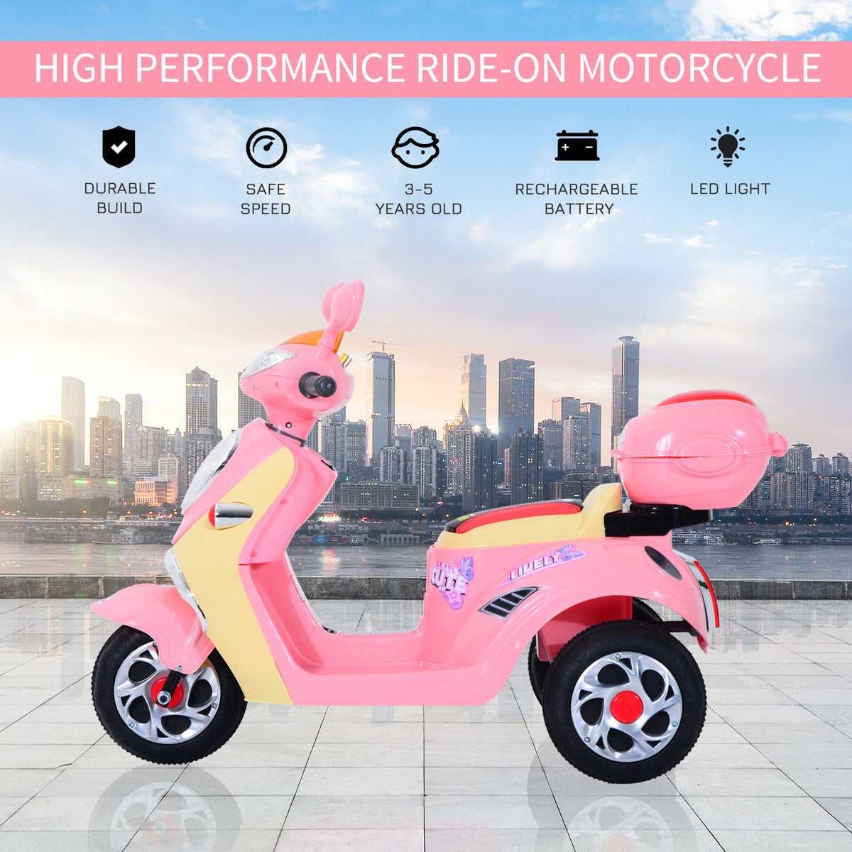 Pink children's electric ride-on scooter shown from the side with three wheels and rear storage box