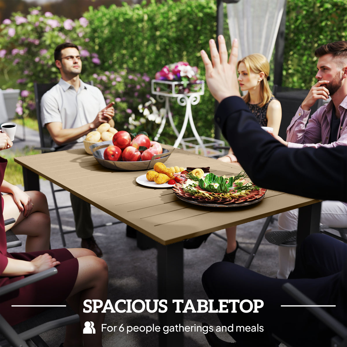 Outsunny brown slatted metal dining table set for a meal with six people