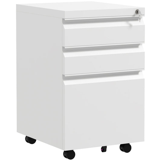 Photo of Vinsetto 3-Drawer Filing Cabinet with Lock, Mobile Steel File Cabinet for A4, Legal and Letter Size, Under Desk Drawers with Pre-Assembled Body for Home Office, 37 x 43.5 x 60 cm, White in White colour on a white background