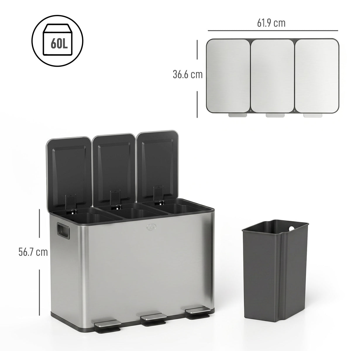 Triple 60-liter pedal bin with three open lids and a removable inner bucket