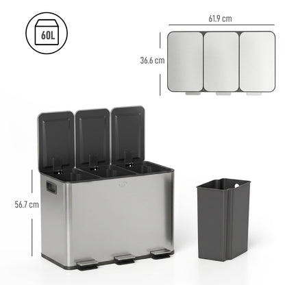 Triple 60-liter pedal bin with three open lids and a removable inner bucket