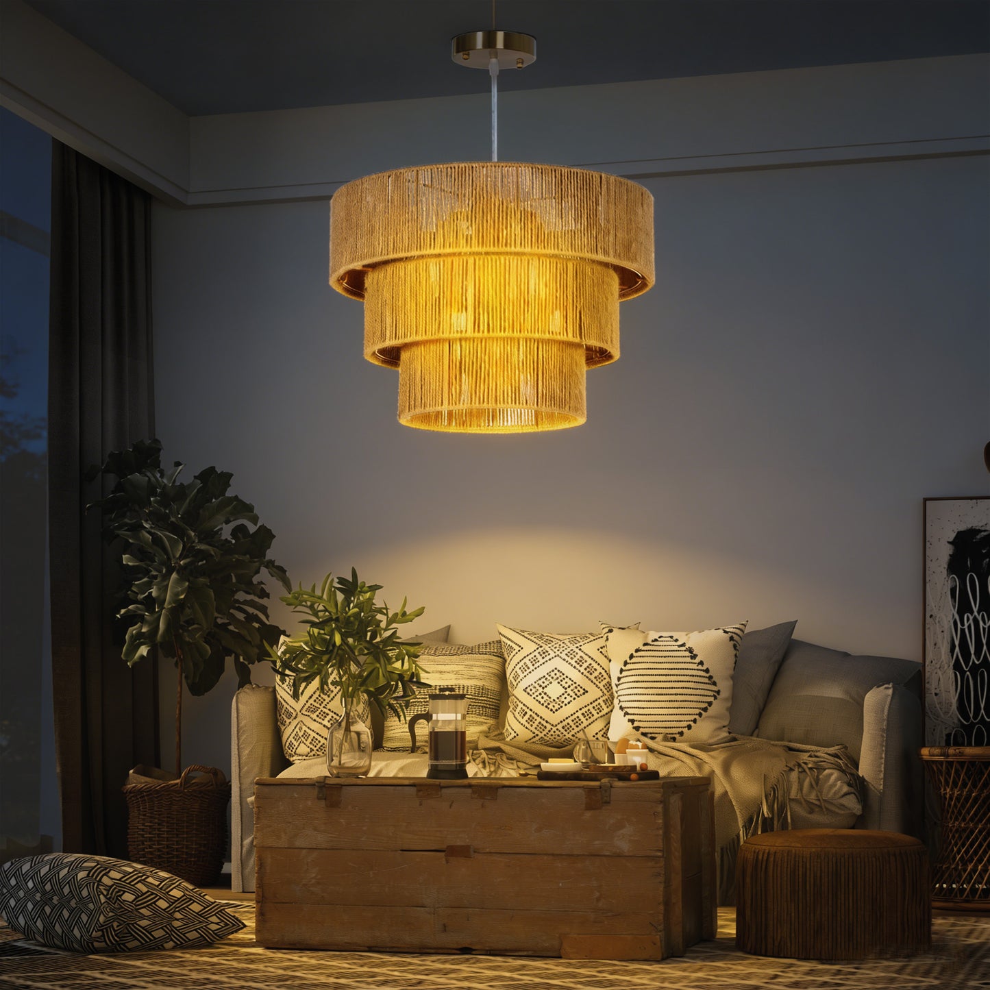 HOMCOM Hemp Rope Ceiling Light, 3-Layer Boho Pendant Light, 4 x E14 Vintage Ceiling Lamp Fixtures for Living Room, Bedroom, Kitchen, Hallway, Light Brown