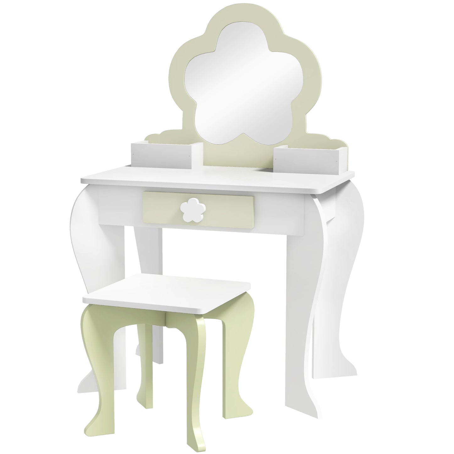 Photo of ZONEKIZ Kids Vanity Table with Mirror and Stool, Drawer, Storage Boxes, Flower Design, for Ages 3-6 Years - White in White colour on a white background