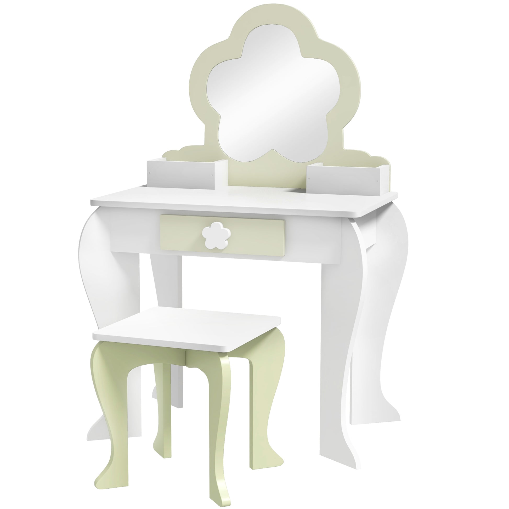 Photo of ZONEKIZ Kids Vanity Table with Mirror and Stool, Drawer, Storage Boxes, Flower Design, for Ages 3-6 Years - White in White colour on a white background