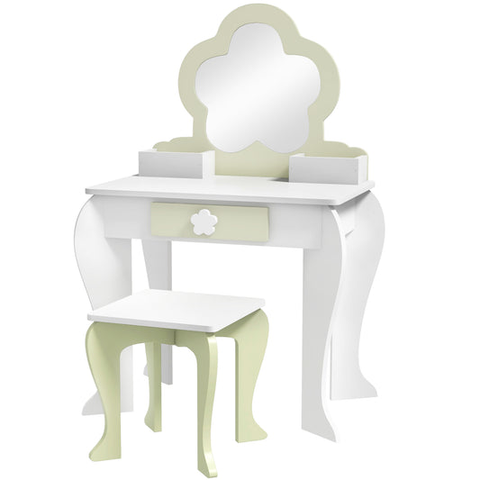 Photo of ZONEKIZ Kids Vanity Table with Mirror and Stool, Drawer, Storage Boxes, Flower Design, for Ages 3-6 Years - White in White colour on a white background