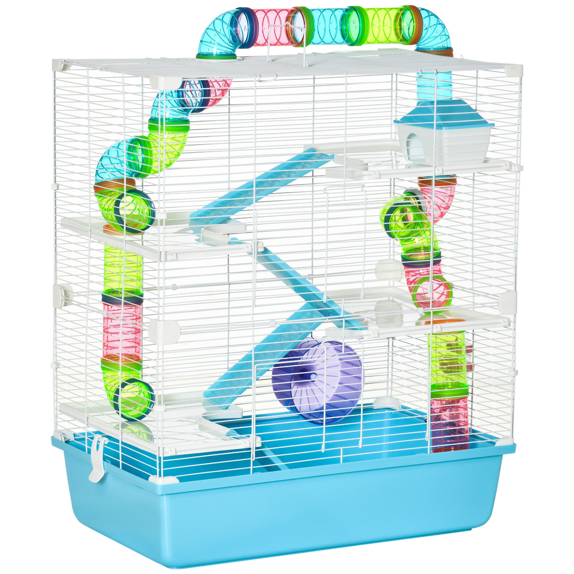 Photo of PawHut Hamster Cage w/ Water Bottle, Exercise Wheel, Tubes, Ramps - Light Blue in Blue colour on a white background