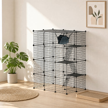PawHut black cat cage with hammock, ramps, and tiered platforms