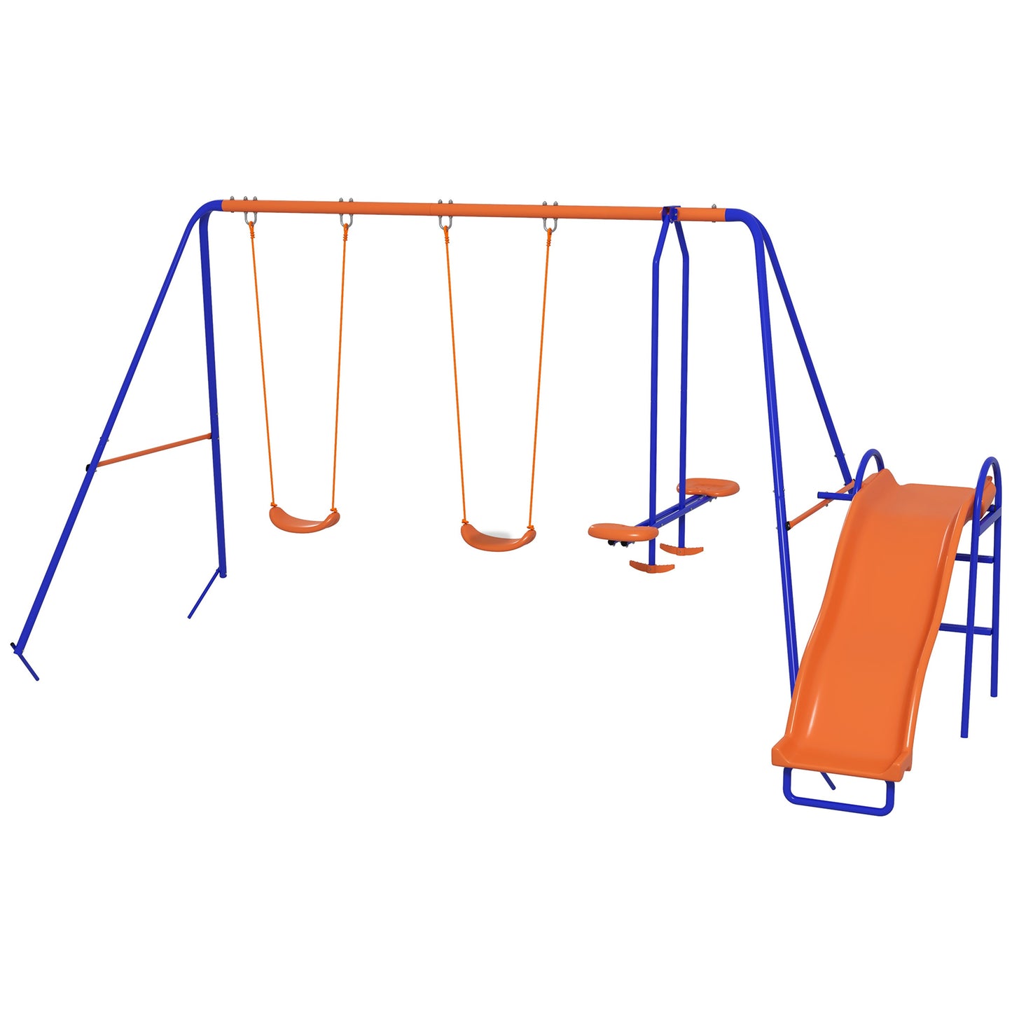 Photo of Outsunny Four-In-One Metal Garden Swing Set, with Double Swings, Glider, Slider, Ladder - Orange and Blue in Blue colour on a white background