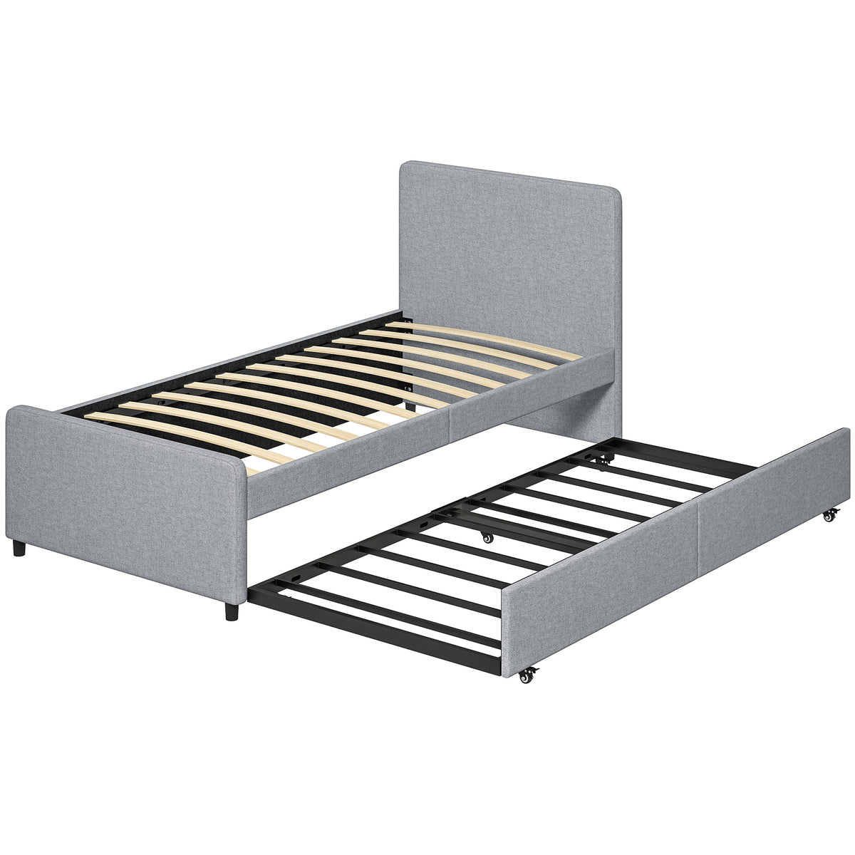 Photo of HOMCOM 3ft Single Bed Frame with Trundle, Upholstered Pull Out Trundle Bed with Headboard and Footboard, Light Grey in Grey colour on a white background