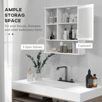 White wall cabinet with mirrored door and open shelves holding bathroom products