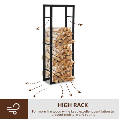 Black metal firewood rack filled with logs, with airflow arrows around it