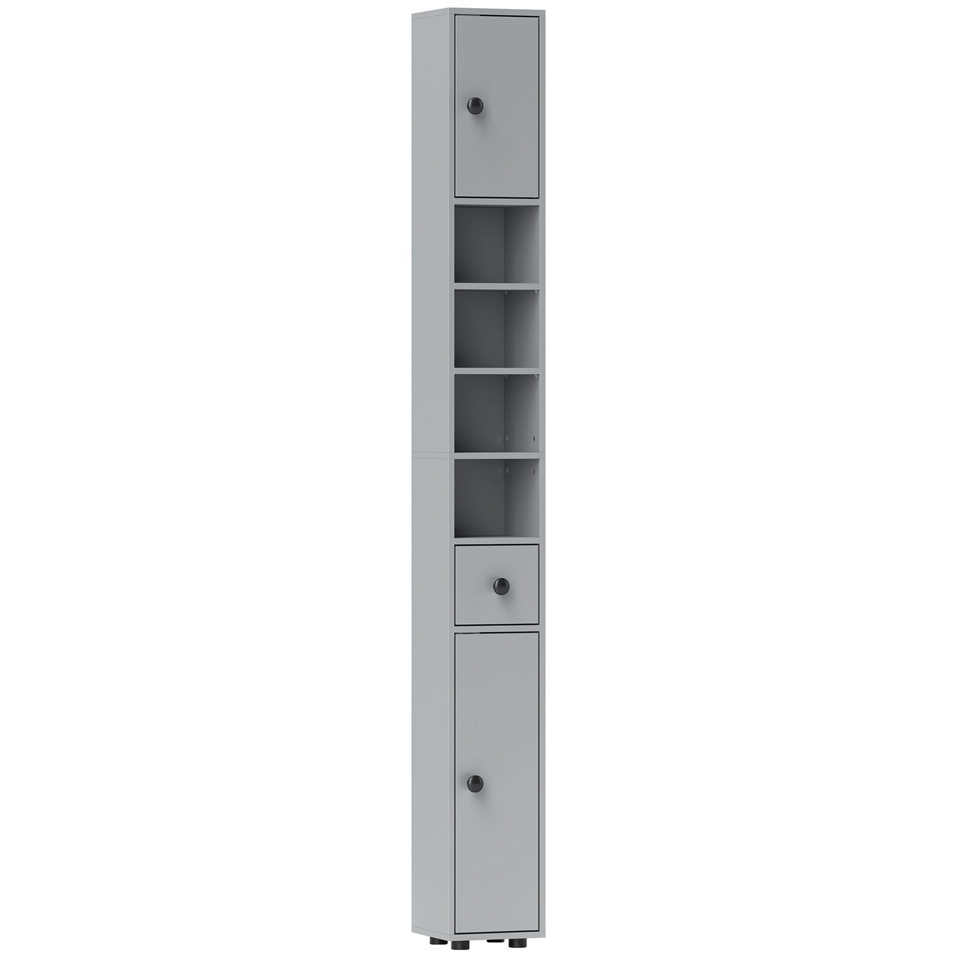 Photo of kleankin 180cm Slim Bathroom Cabinet, with Drawer, Shelves and Cupboards - Grey in Grey colour on a white background
