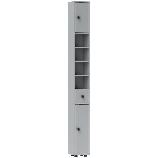Photo of kleankin 180cm Slim Bathroom Cabinet, with Drawer, Shelves and Cupboards - Grey in Grey colour on a white background