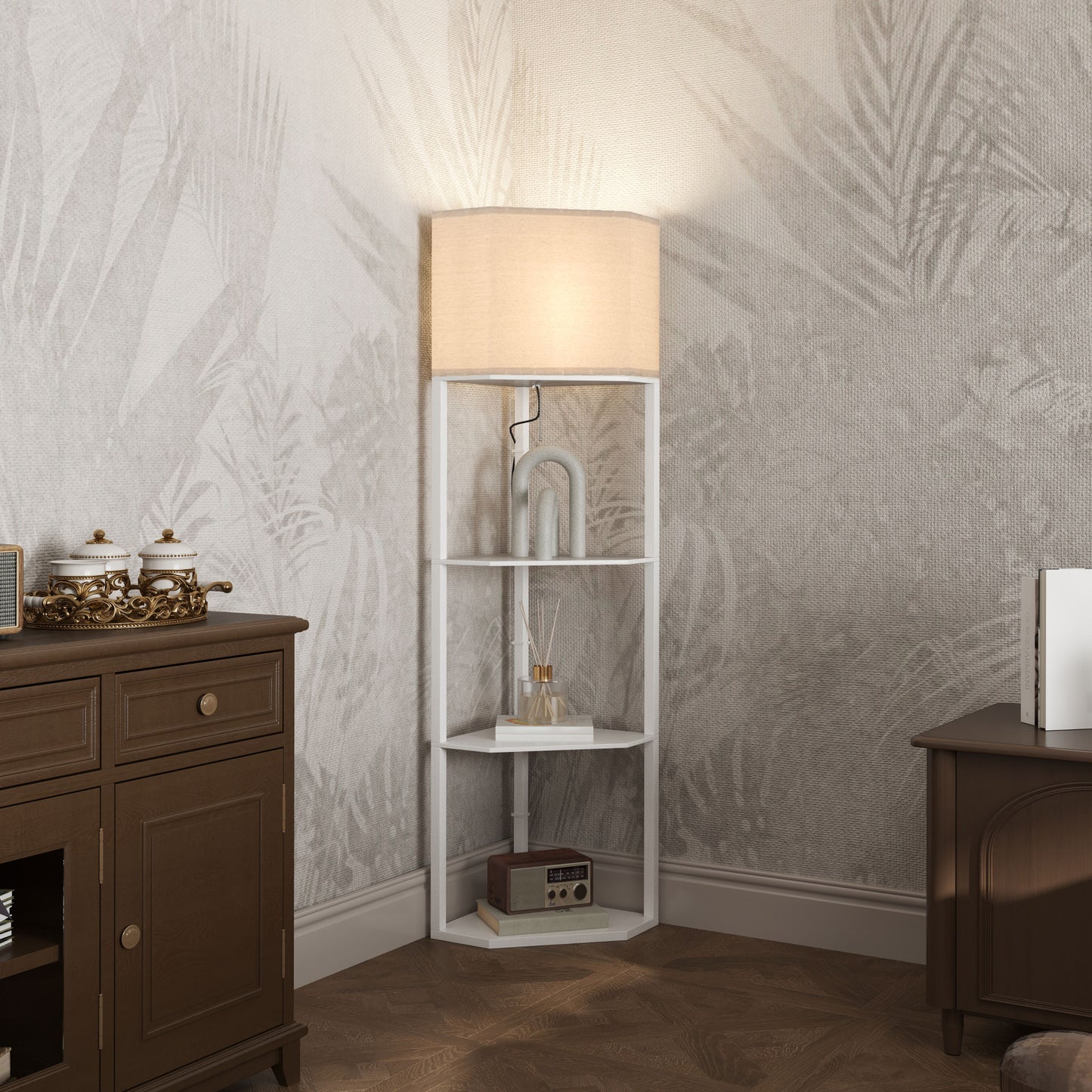 HOMCOM Corner Floor Lamp with Shelves, Tall Standing Lamps for Living Room, with Pull Chain Switch Bulb not Included, White
