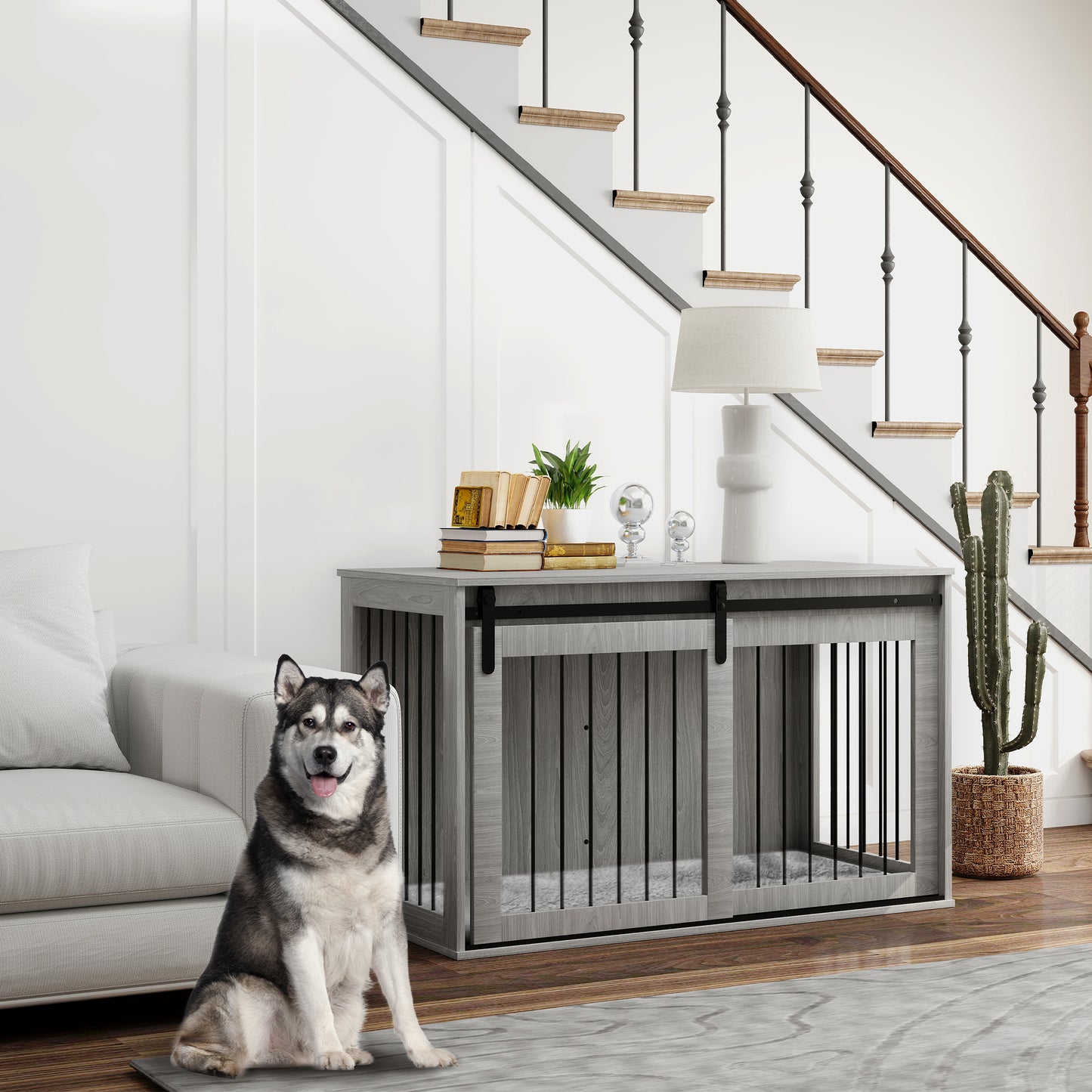 PawHut 46.46'' Dog Crate Furniture with Removable Cushion & Security Latch for Extra Large Dogs - Grey