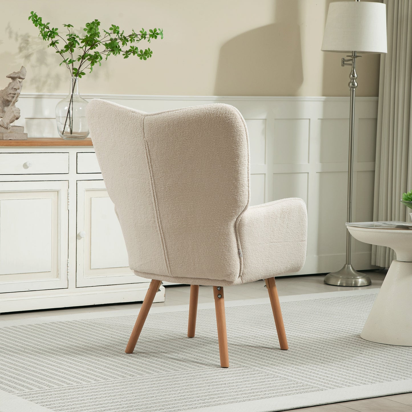 HOMCOM Modern Accent Chair, Upholstered High Back Armchair with Tufted Wingback, Seat Padding, Teddy Fleece Leisure Lounge Bedroom Chair with Wood Legs, Cream White