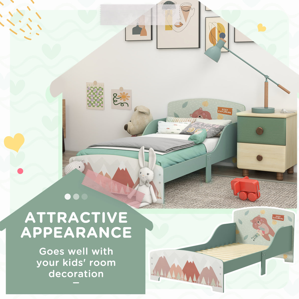 ZONEKIZ toddler bed with illustrated headboard and mountain-print footboard