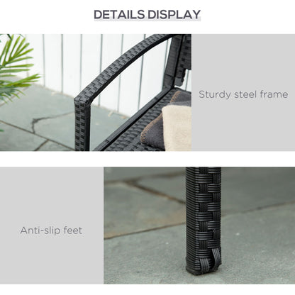 Close-up of the bench's woven armrest, steel frame and anti-slip foot