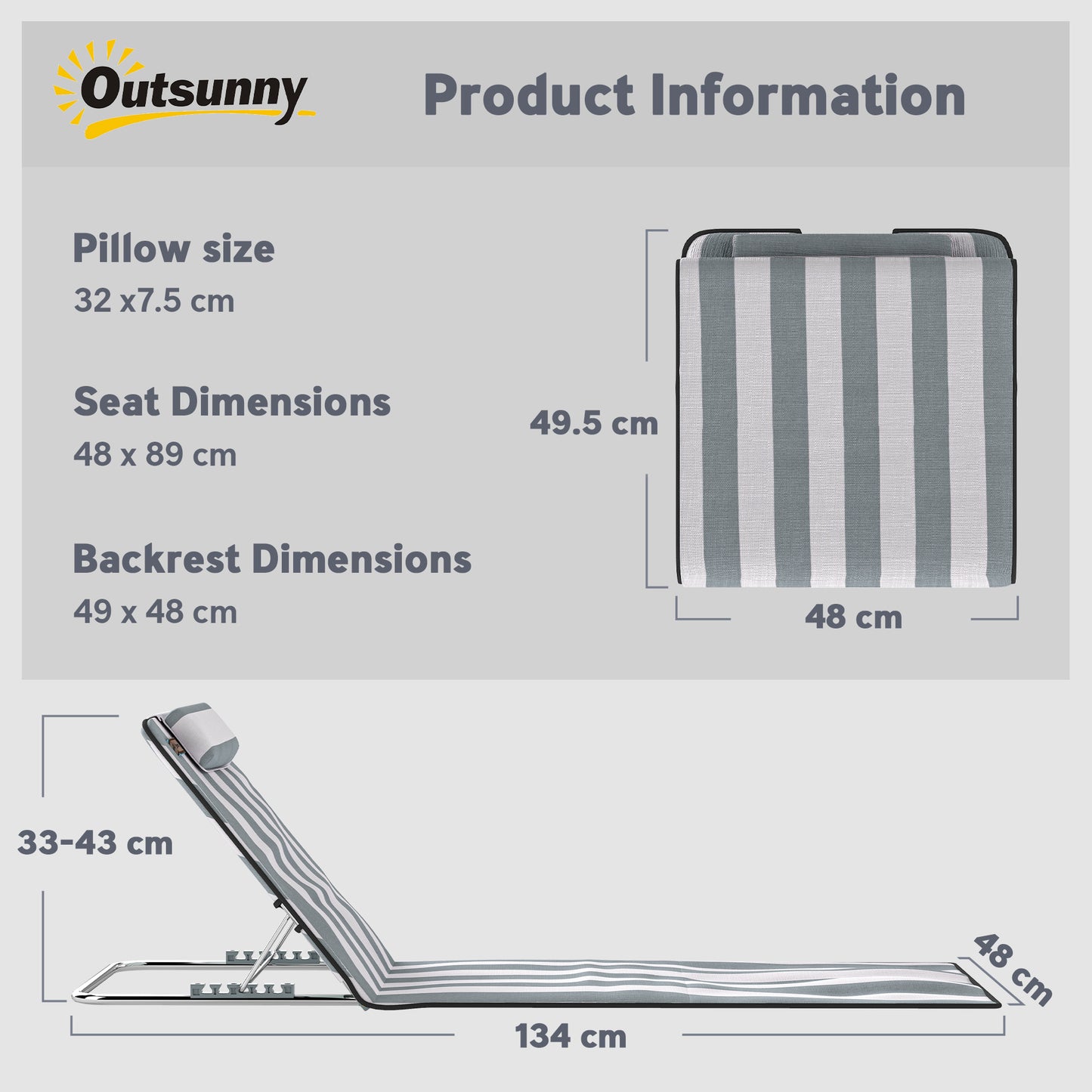 Outsunny Set of 2 Foldable Garden Beach Chair Mat Lightweight Outdoor Sun Lounger Seats Adjustable Back Metal Frame PE Fabric Head Pillow w/ Carry Bag, Light Grey