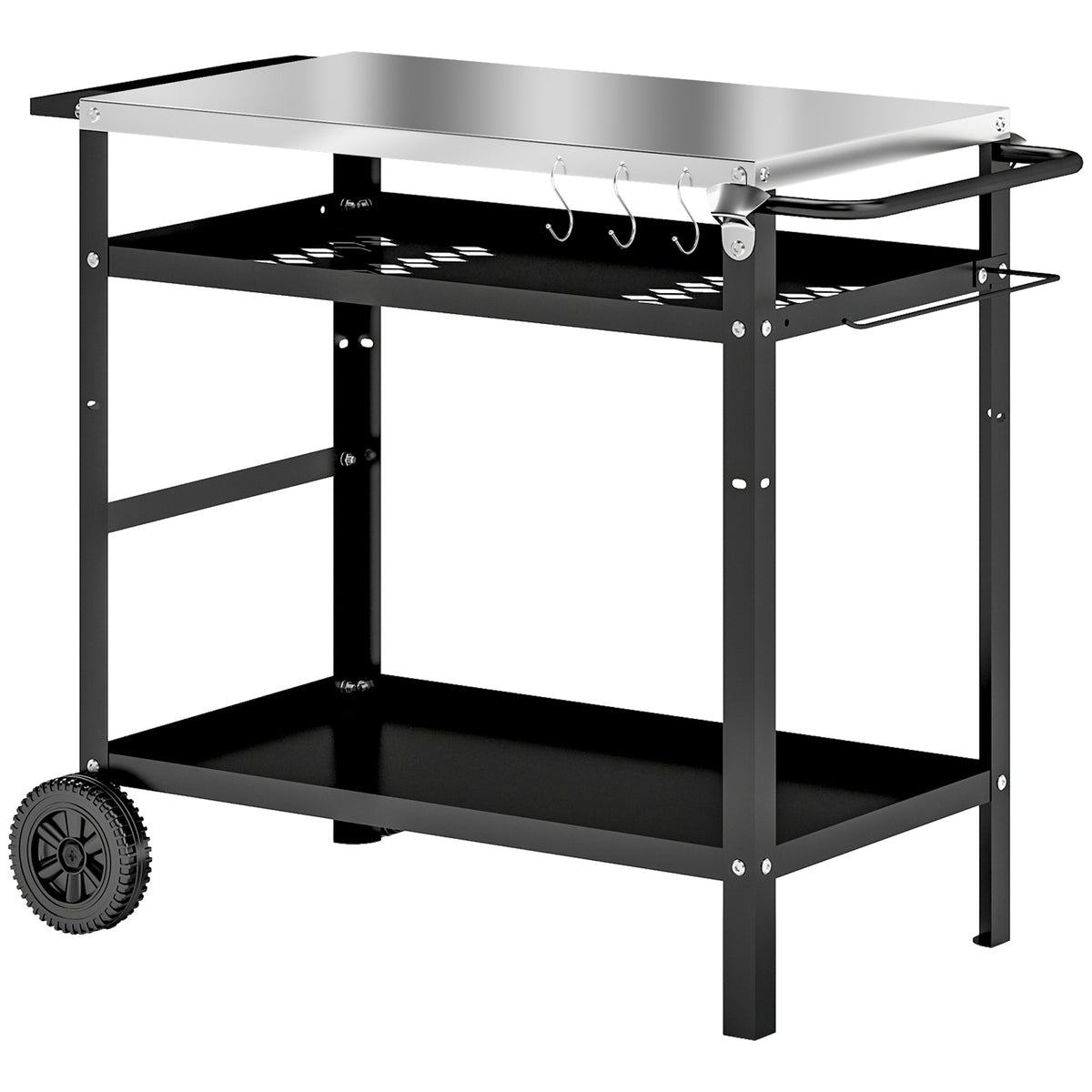 Black barbecue trolley with stainless steel top, two shelves, hooks, handle and wheels