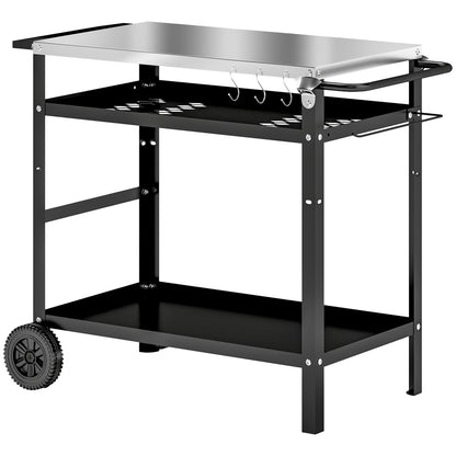 Black barbecue trolley with stainless steel top, two shelves, hooks, handle and wheels