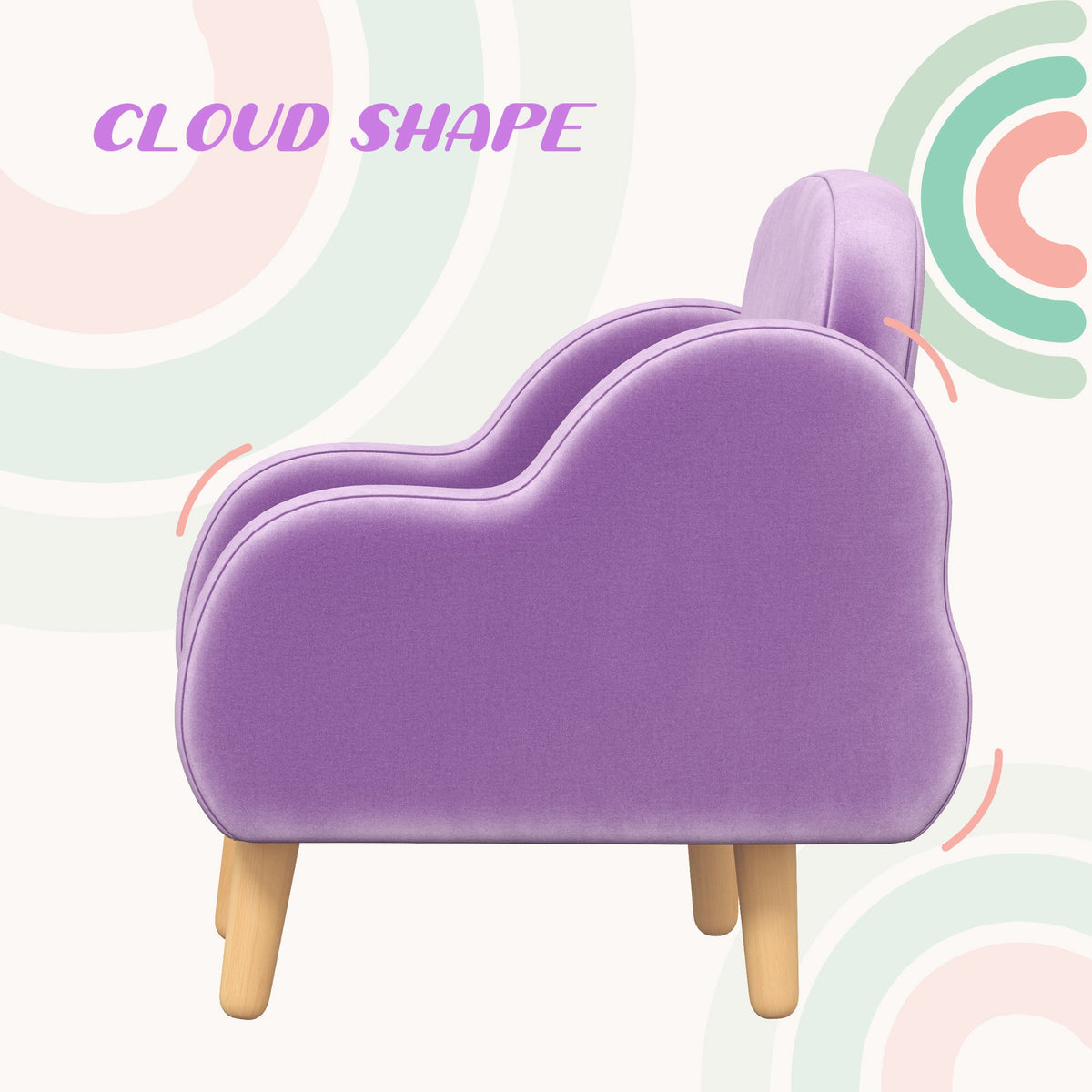 Side view showing the cloud-shaped arm of a purple toddler armchair